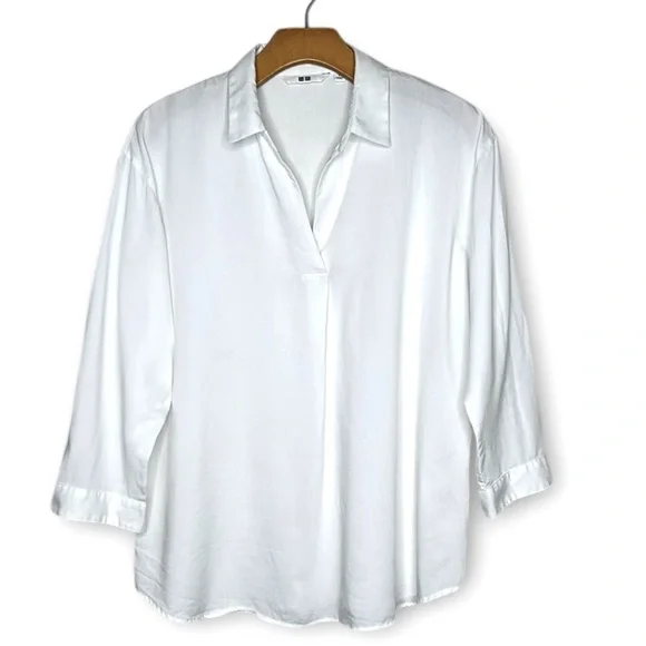 Uniqlo Minimalist Popover 3/4 Sleeve Top White Size Large Preppy Classic Capsule - Picture 1 of 7